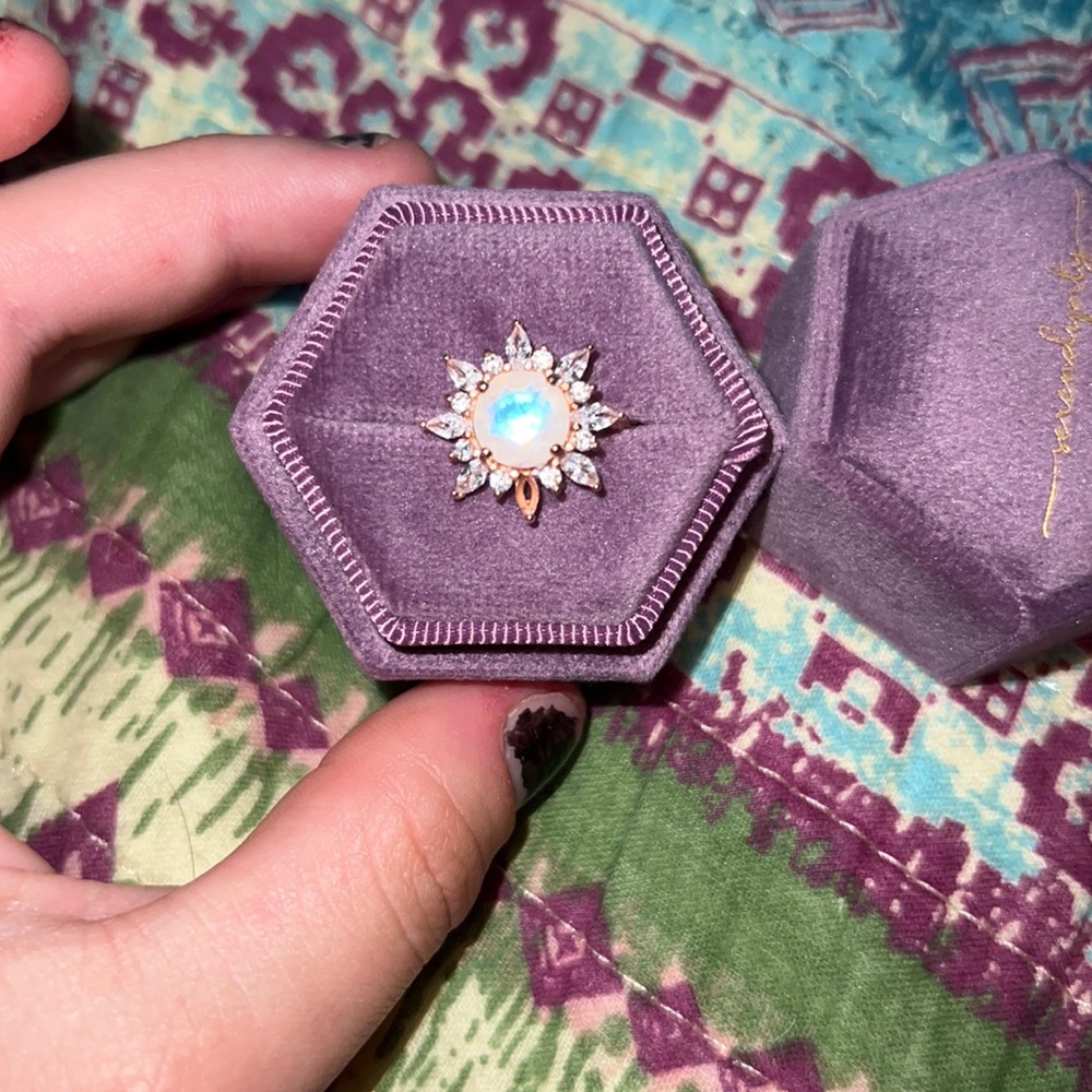 Rose gold moonstone halo ring